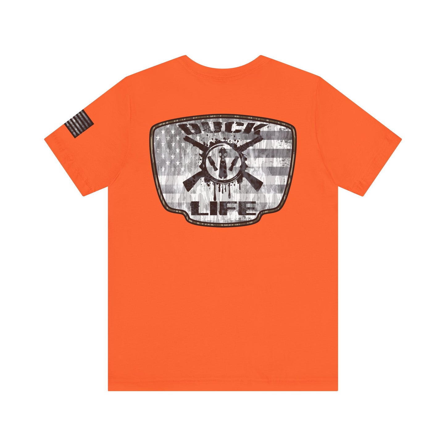 White American Flag Duck Hunting Badge T-Shirt – Mossy Camo Print, Crossed Guns & Duck Skull Graphic