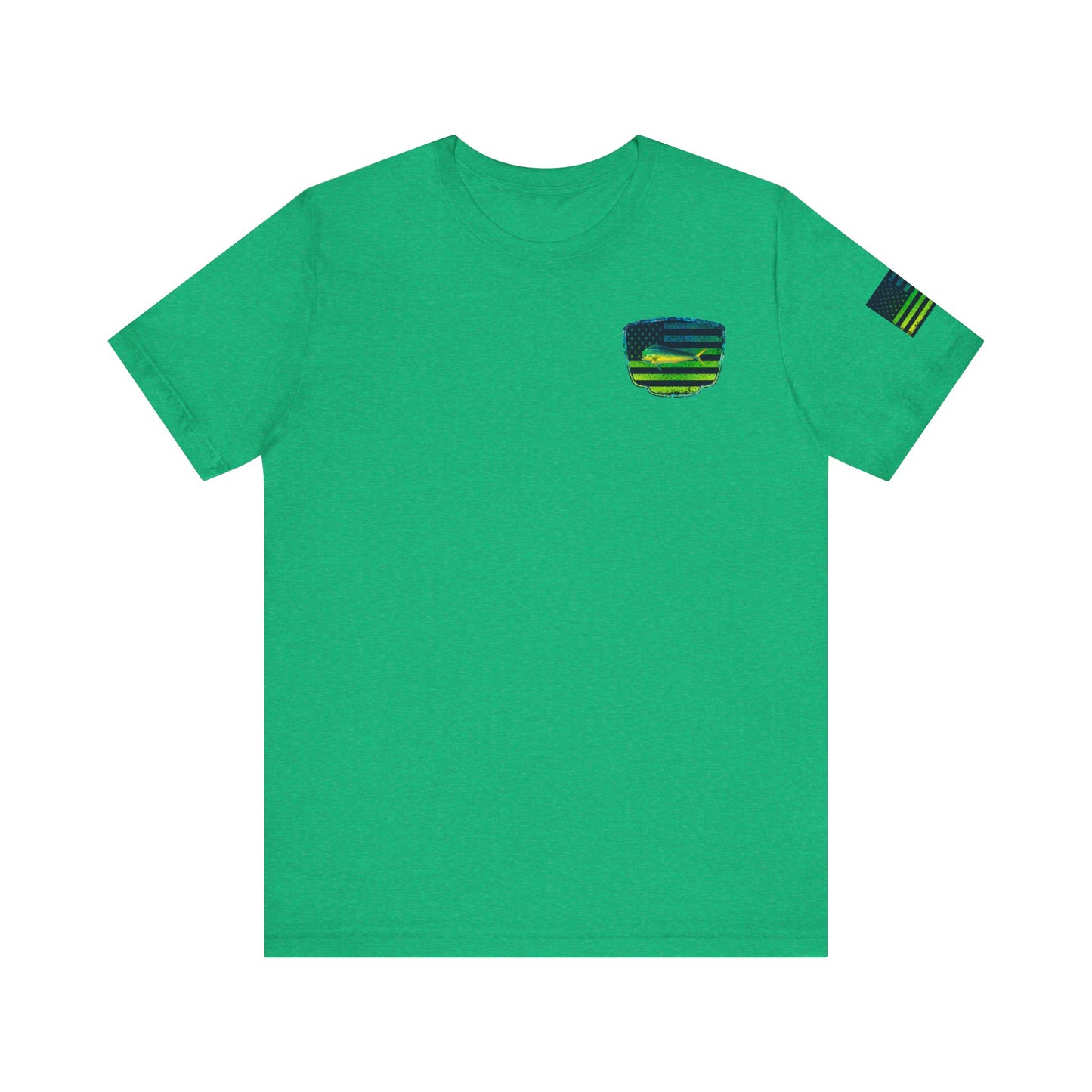 Patriotic Mahi Mahi Flag Tee – Grunge Fishing Badge Shirt for Outdoor Lovers