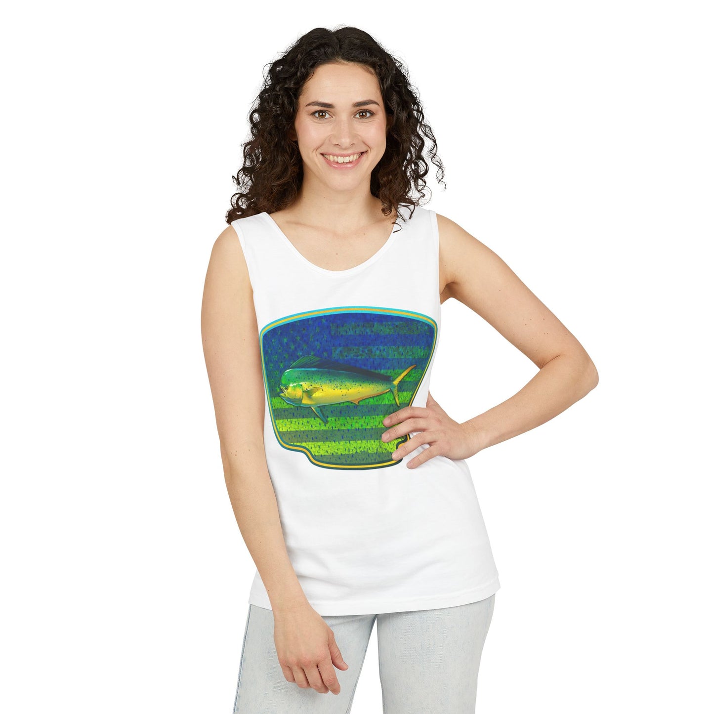 American Mahi Mahi Graphic Tank Top, Summer Apparel, Outdoors Shirt, Fishing Gear, Beachwear, Gifts for Anglers
