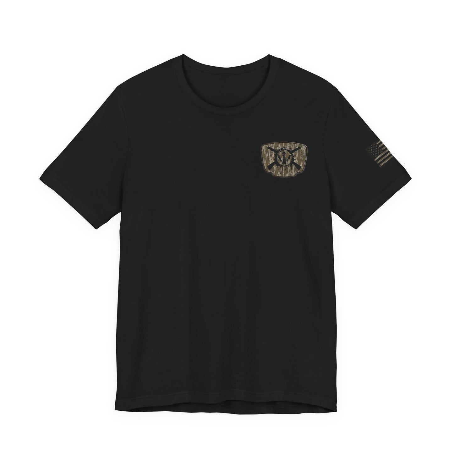 Duck Hunting Badge T-Shirt – Mossy Camo Print, Crossed Guns & Duck Skull Graphic