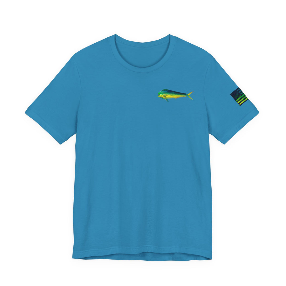 Mahi Mahi Badge Tee with Blackout Flag – Patriotic Saltwater Fishing Shirt