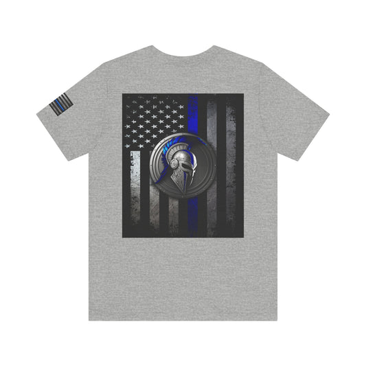 Spartan Helmet Flag Shirt – Thin Blue Line American Patriotic Tee for Law Enforcement Support