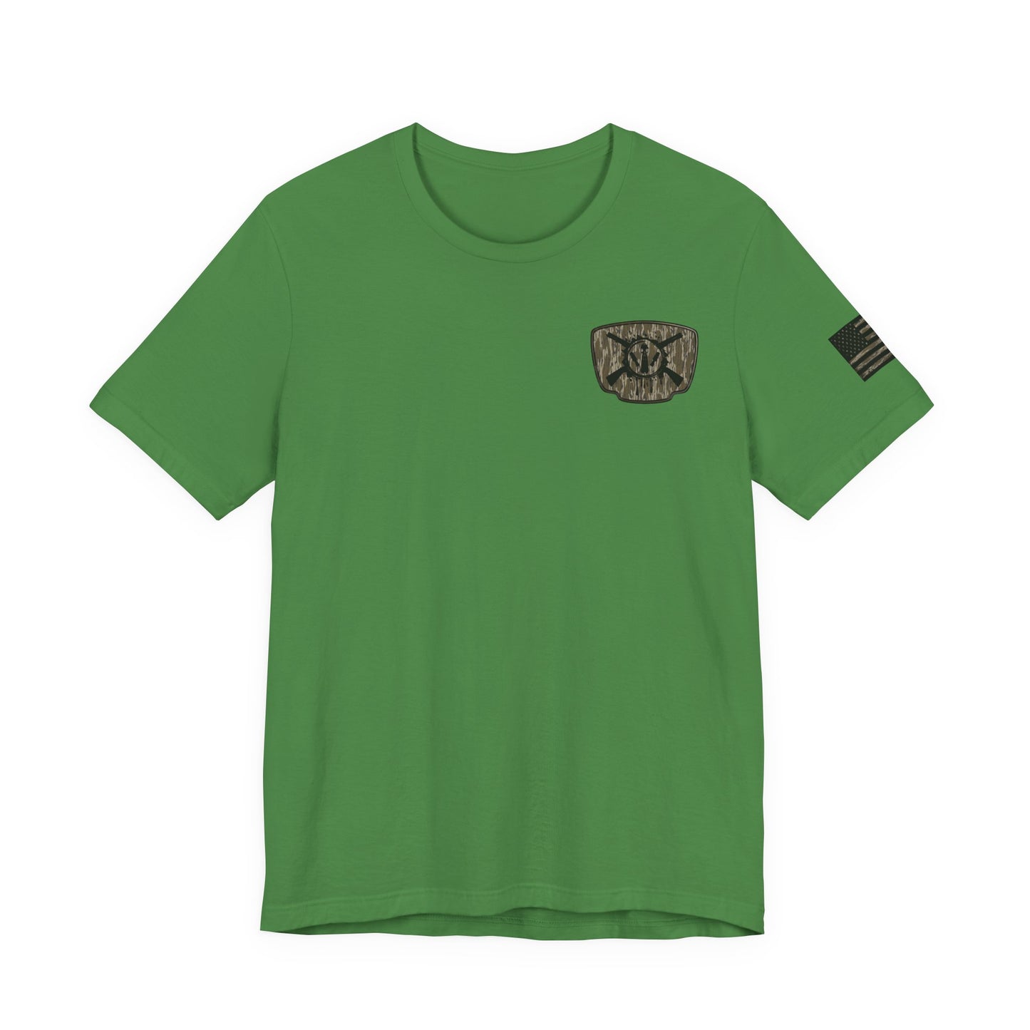 Duck Hunting Badge T-Shirt – Mossy Camo Print, Crossed Guns & Duck Skull Graphic