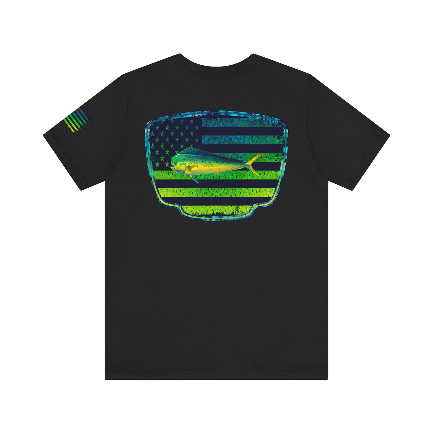 Patriotic Mahi Mahi Flag Tee – Grunge Fishing Badge Shirt for Outdoor Lovers
