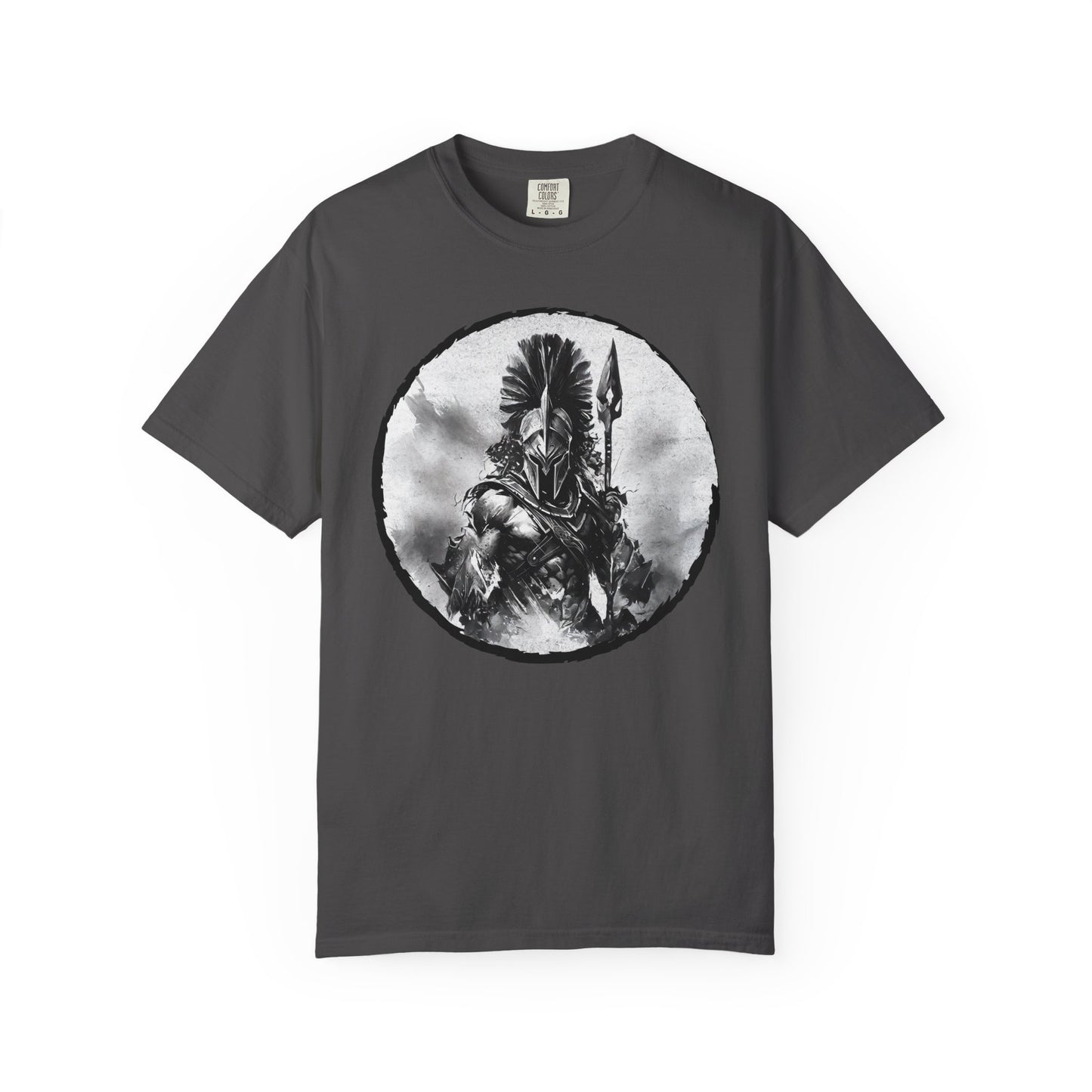 Spartan Warrior T-Shirt – Greek Helmet Circle Design Front & Spear Back | Warrior Graphic Tee