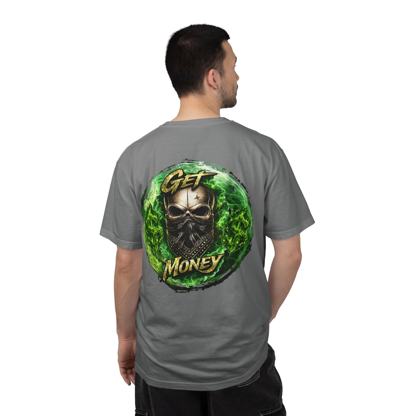 Get Money Skull Graphic Tee – Green Flame Dollar Sign Hustle Streetwear Shirt