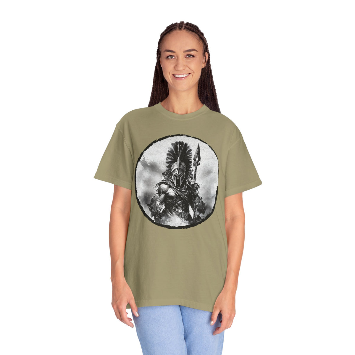 Spartan Warrior T-Shirt – Greek Helmet Circle Design Front & Spear Back | Warrior Graphic Tee