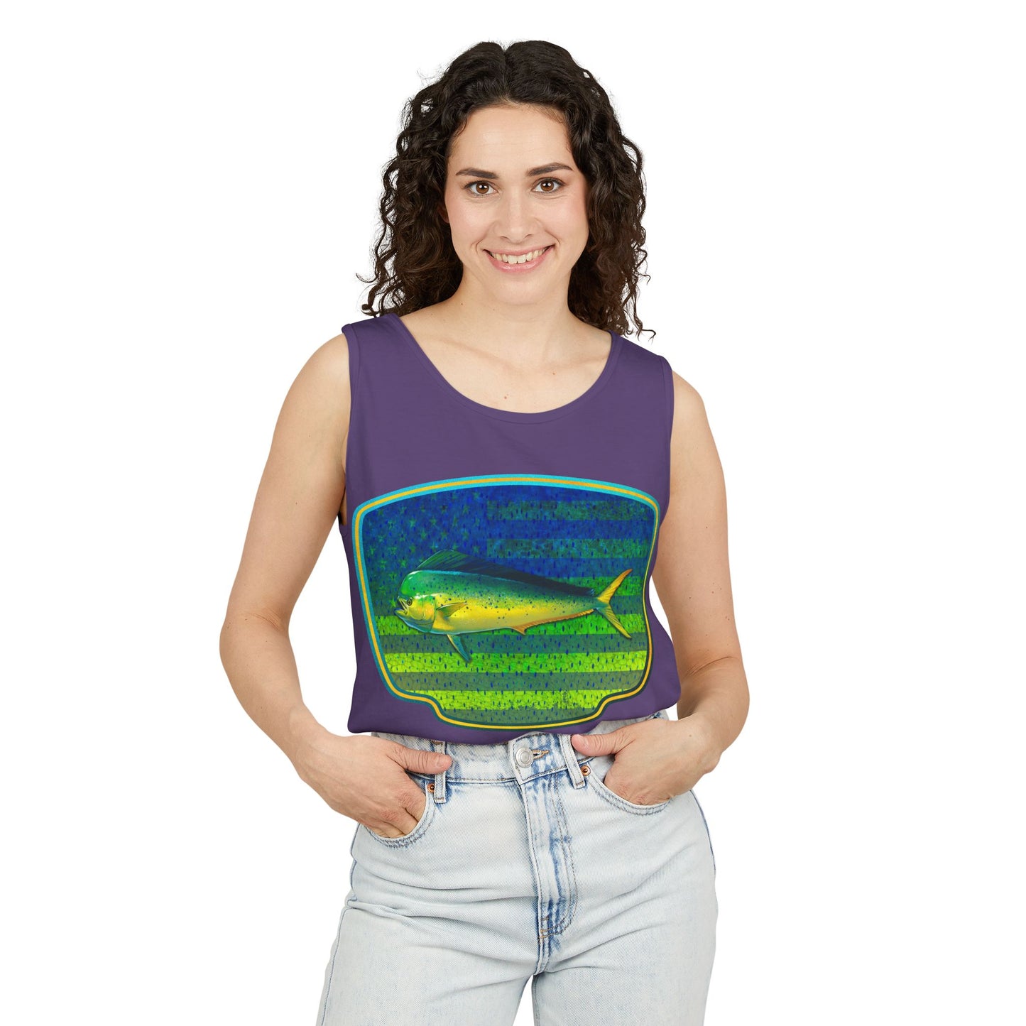 American Mahi Mahi Graphic Tank Top, Summer Apparel, Outdoors Shirt, Fishing Gear, Beachwear, Gifts for Anglers