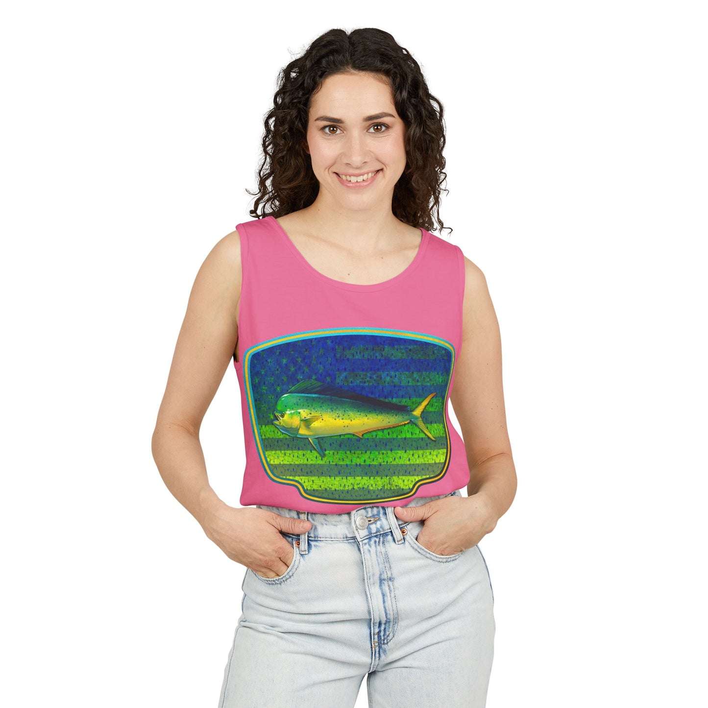 American Mahi Mahi Graphic Tank Top, Summer Apparel, Outdoors Shirt, Fishing Gear, Beachwear, Gifts for Anglers