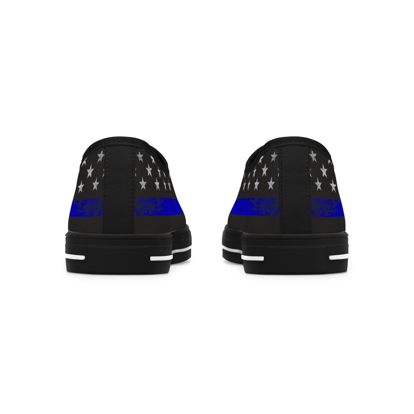 Thin Blue Line American Flag Sneakers – Black & Blue Low Top Canvas Shoes for Women, Police Support, Patriotic Streetwear