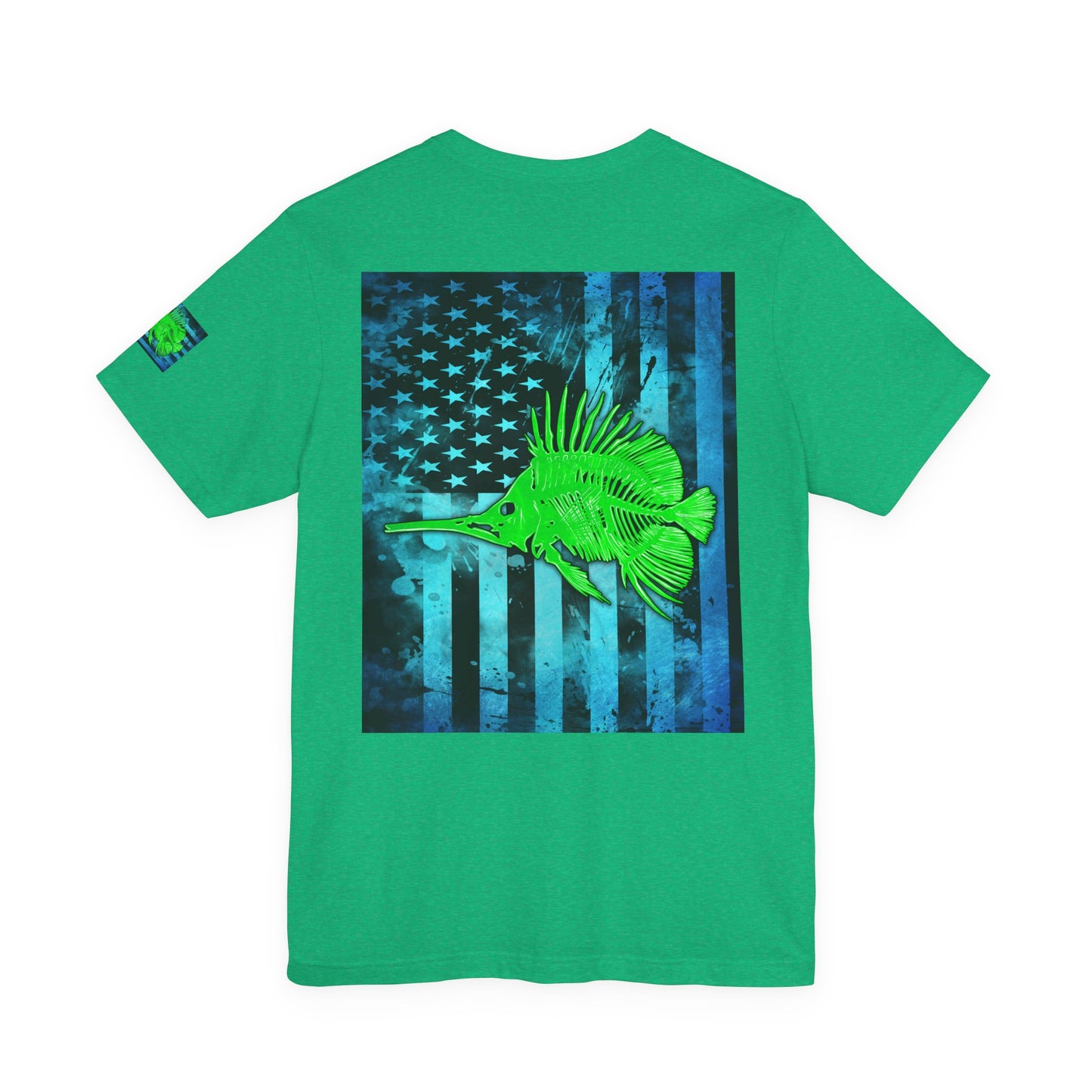 Green Fish Grunge American Flag Tee, Patriotic USA Shirt, Vintage American Flag