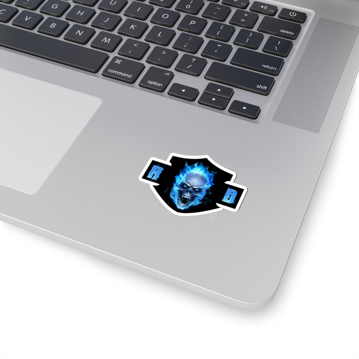 Harley Blue Fire Skull Biker Emblem | Bold Motorcycle Graphic for Decals, Shirts, or Garage Art, ArtKiss-Cut Stickers