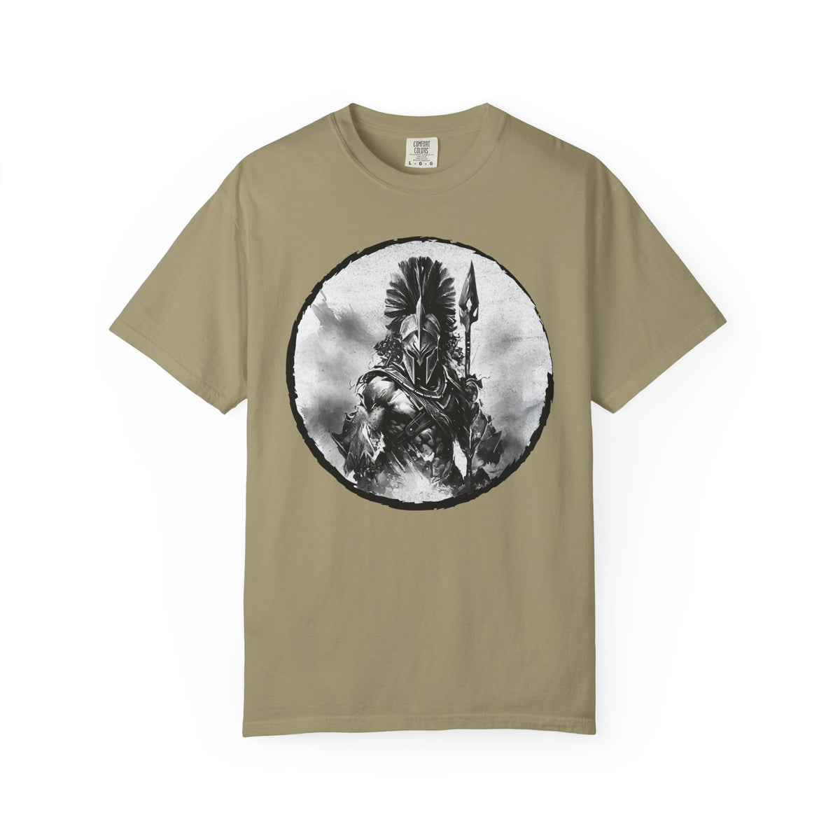 Spartan Warrior T-Shirt – Greek Helmet Circle Design Front & Spear Back | Warrior Graphic Tee