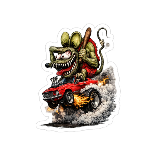 Rat Fink Sticker — Hot Rod Driving Mouse on Red Muscle Car (Outdoor Transparent)