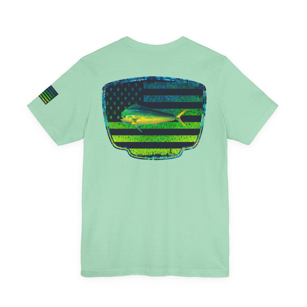 Patriotic Mahi Mahi Flag Tee – Grunge Fishing Badge Shirt for Outdoor Lovers