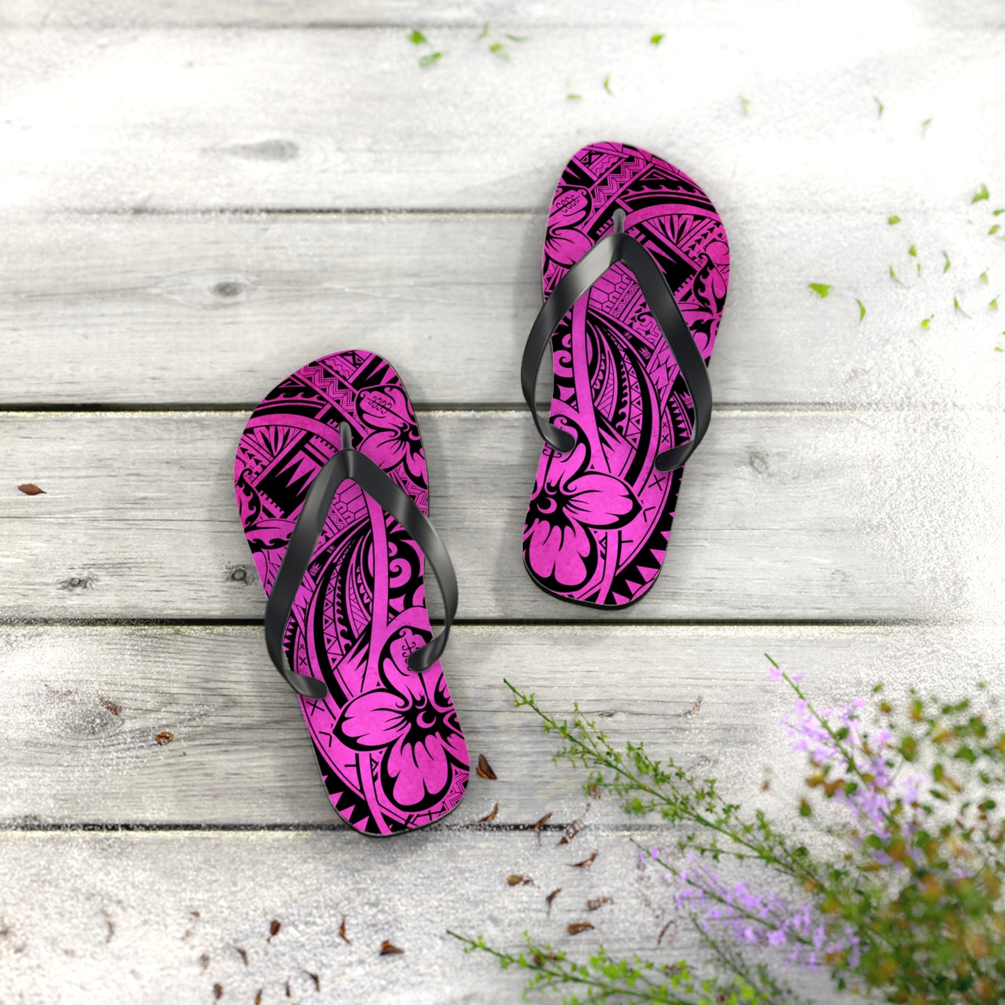 Polynesian Pink Flip Flops - Boho Beach Footwear, Summer Sandals, Vacation Shoes, Hibiscus Print, Gift for Her