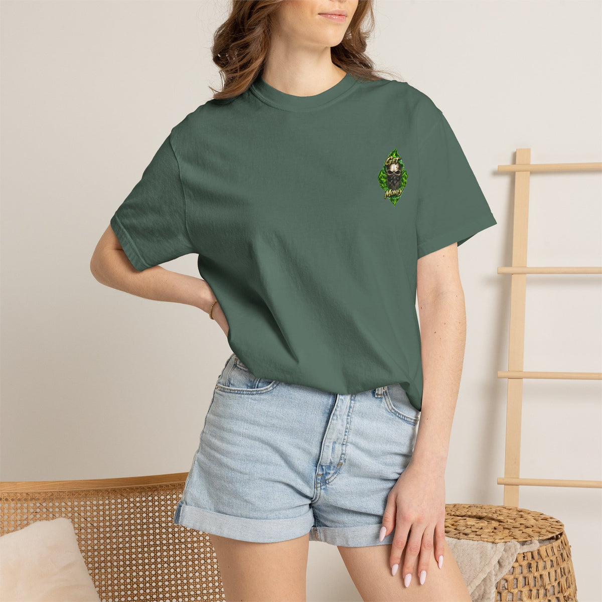 Get Money Skull Graphic Tee – Green Flame Dollar Sign Hustle Streetwear Shirt