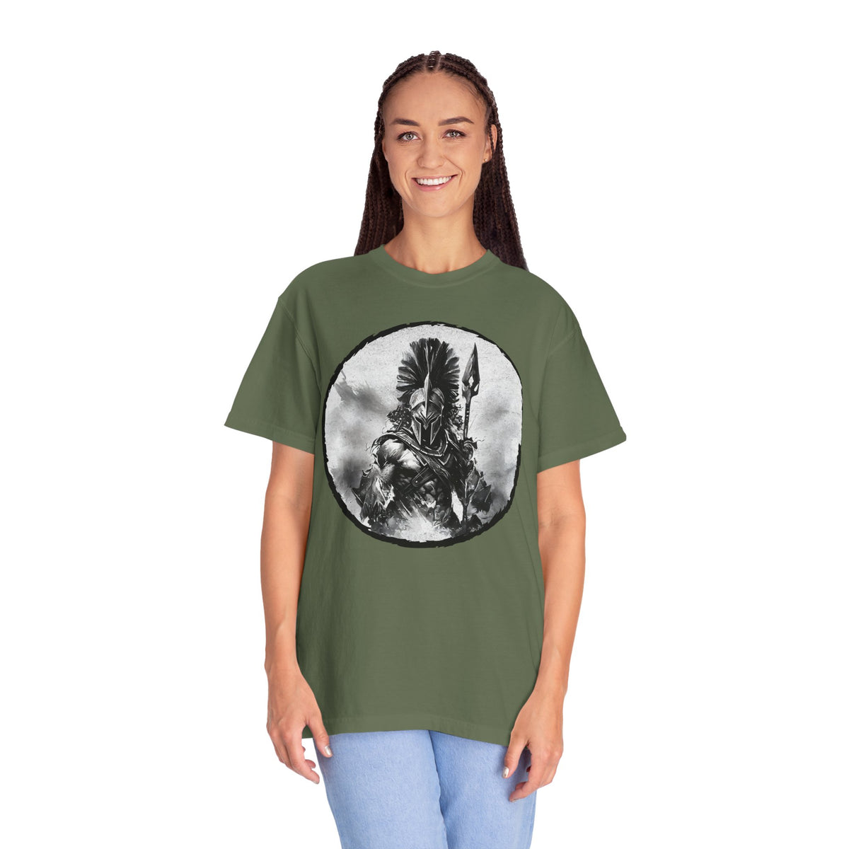 Spartan Warrior T-Shirt – Greek Helmet Circle Design Front & Spear Back | Warrior Graphic Tee