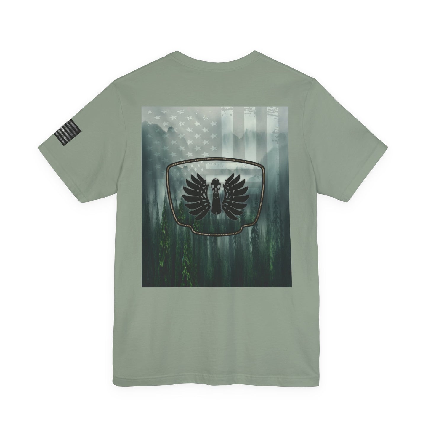 The Forest Duck Hunt Badge T-Shirt – Mossy Camo Print, Crossed Guns & Duck Skull Graphic