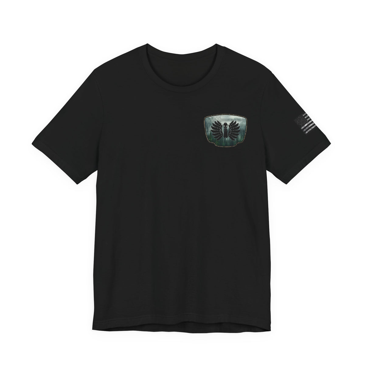 The Forest Duck Hunt Badge T-Shirt – Mossy Camo Print, Crossed Guns & Duck Skull Graphic