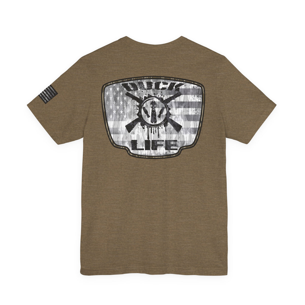 White American Flag Duck Hunting Badge T-Shirt – Mossy Camo Print, Crossed Guns & Duck Skull Graphic