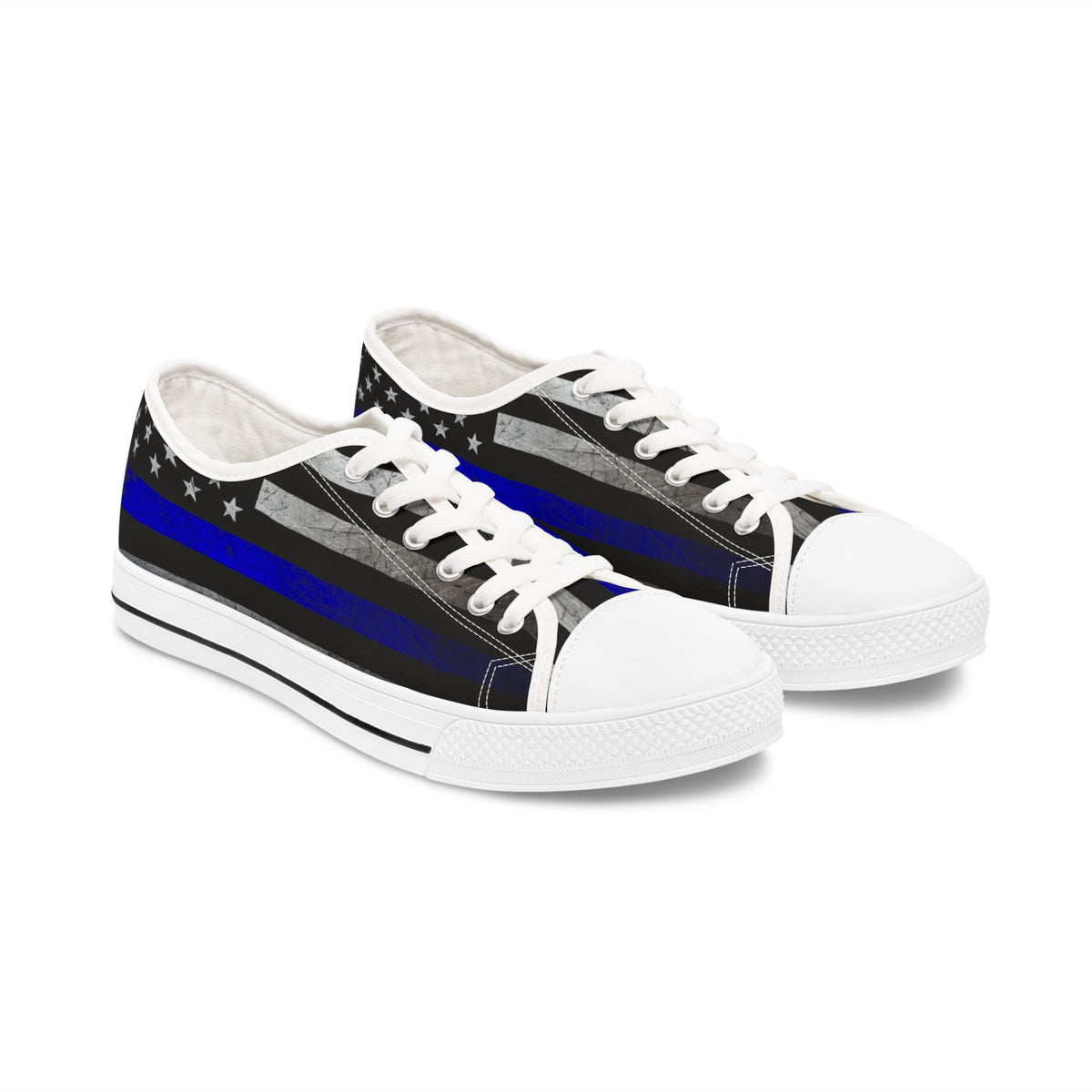 Thin Blue Line American Flag Sneakers – Black & Blue Low Top Canvas Shoes for Women, Police Support, Patriotic Streetwear