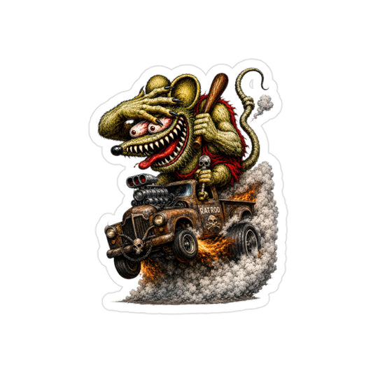 Crazy Rat Rat Rod Sticker | Rusty Vintage Pickup Hot Rod Decal | Monster Burnout Truck Art | Transparent Vinyl Sticker