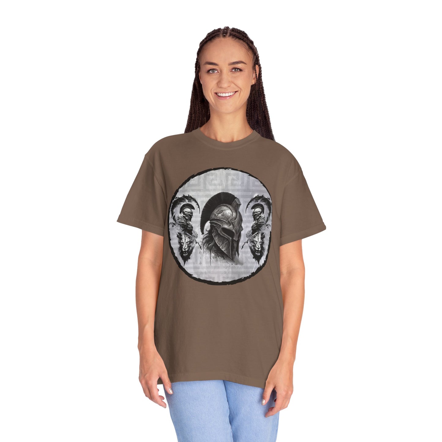 Spartan Warrior T-Shirt – Greek Helmet Circle Design Front & Spear Back | Warrior Graphic Tee