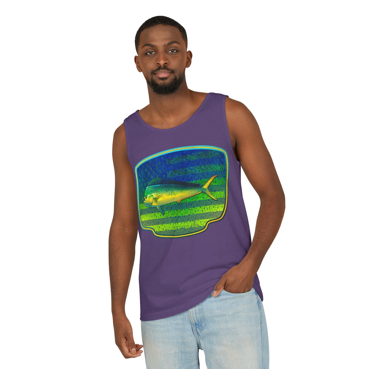American Mahi Mahi Graphic Tank Top, Summer Apparel, Outdoors Shirt, Fishing Gear, Beachwear, Gifts for Anglers