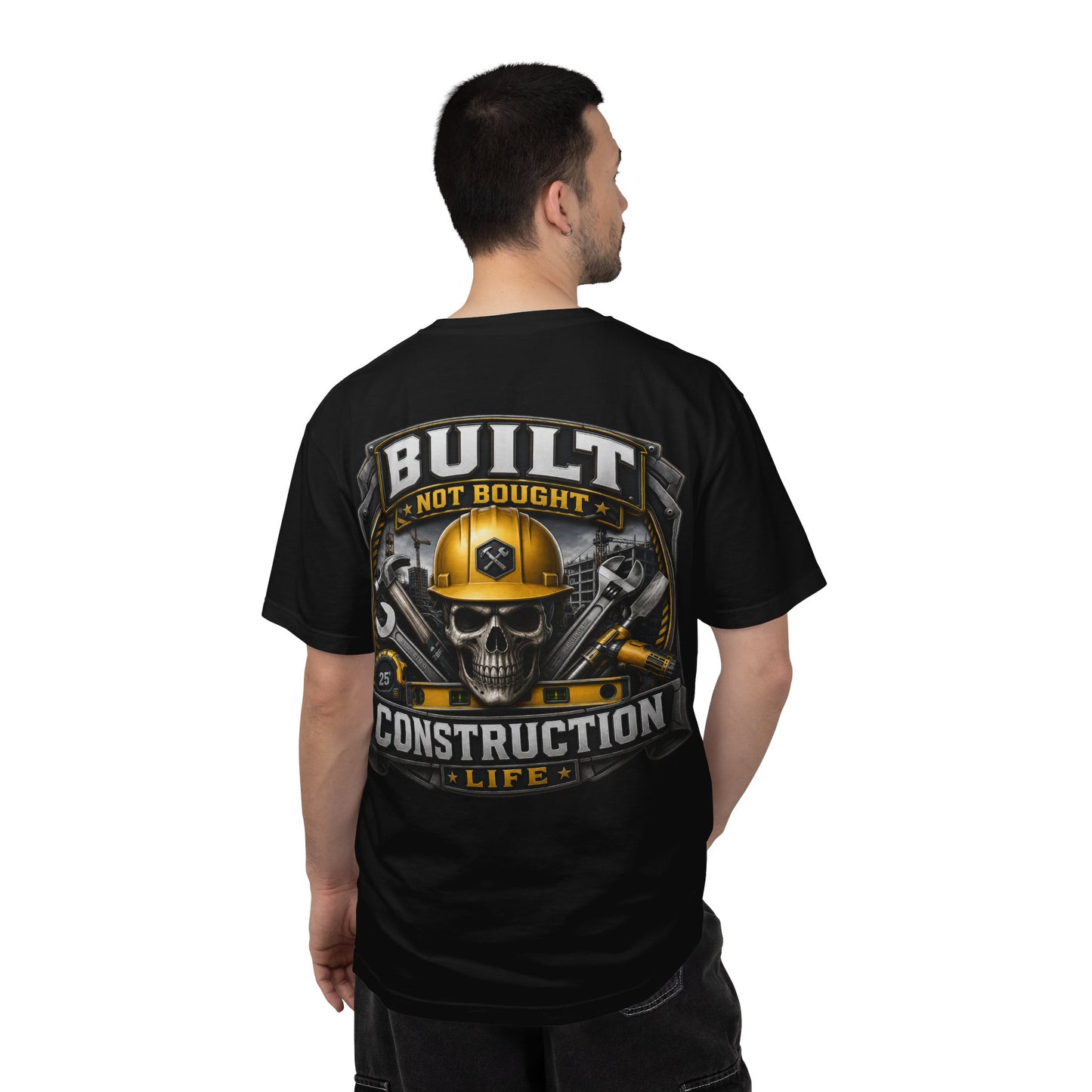 Construction Life T-Shirt — "Built Not Bought" Skull & Hard Hat Crew Tee