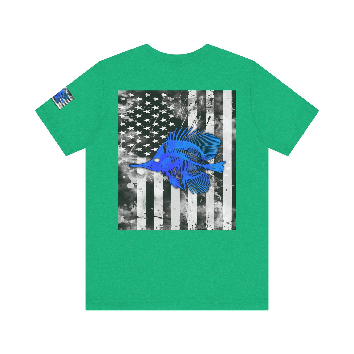 Blue Fish Skeleton Grunge American Flag Tee, Patriotic USA Shirt, Vintage American Flag