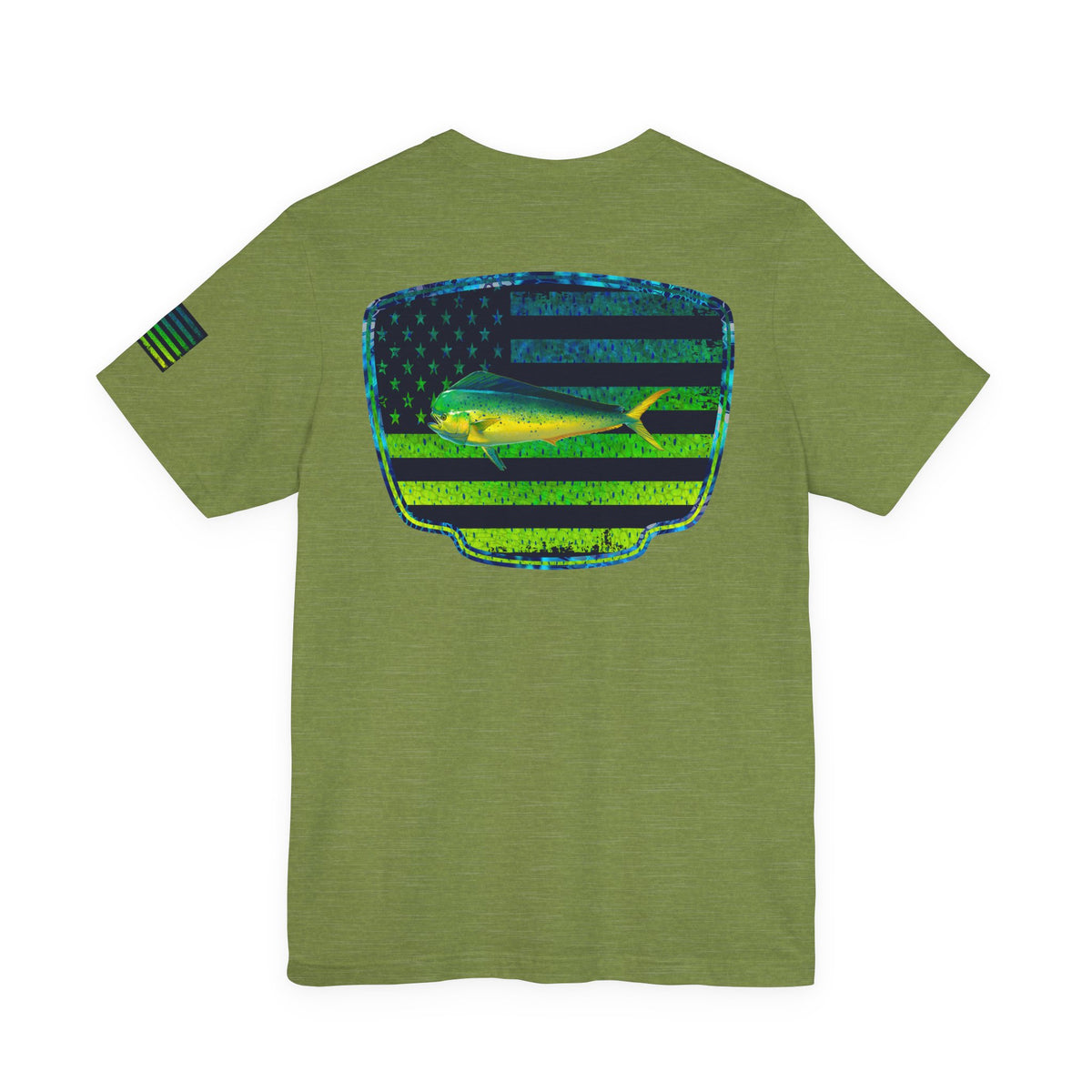 Patriotic Mahi Mahi Flag Tee – Grunge Fishing Badge Shirt for Outdoor Lovers