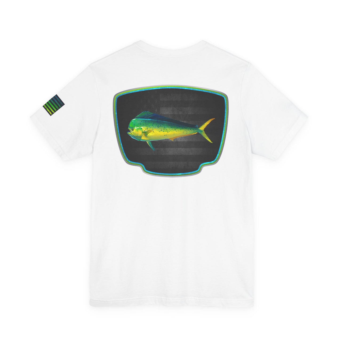 Mahi Mahi Badge Tee with Blackout Flag – Patriotic Saltwater Fishing Shirt