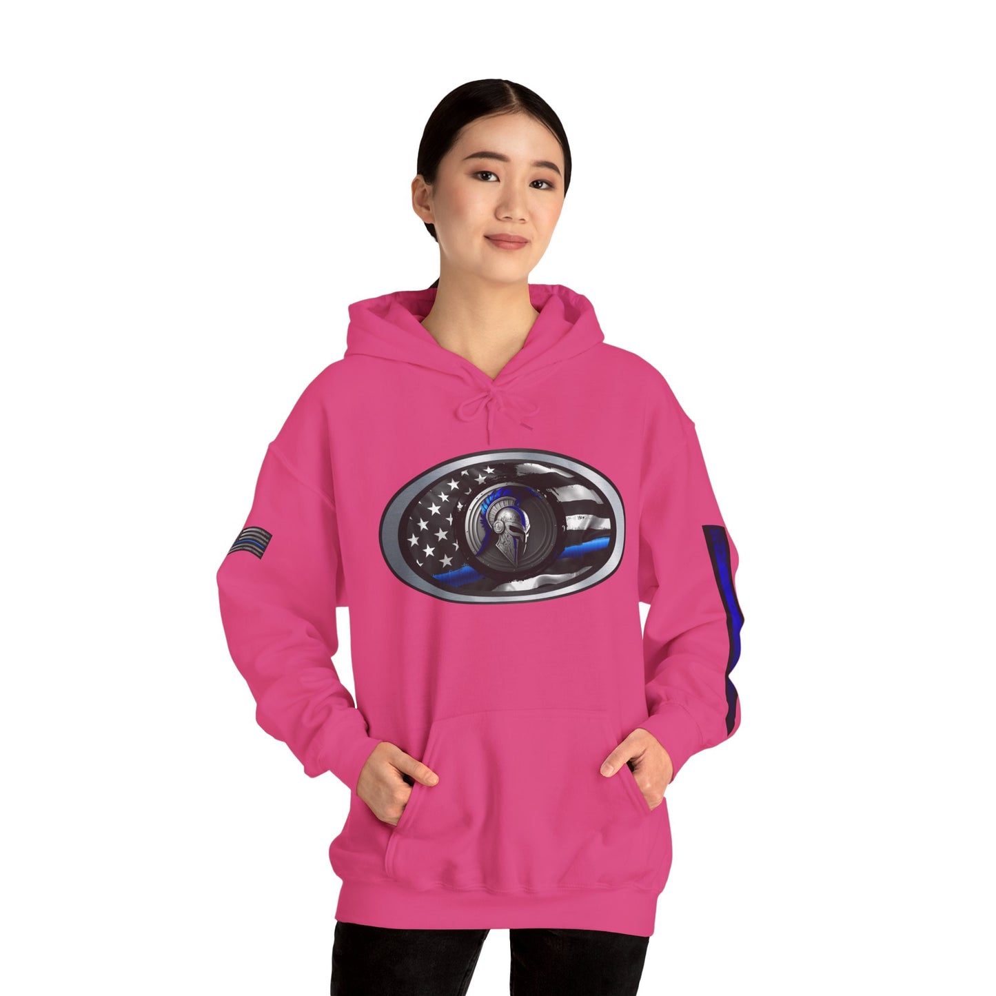 Spartan Thin Blue Line Flag Hoodie – Warrior Helmet Patriotic Sweatshirt for Police Supporters