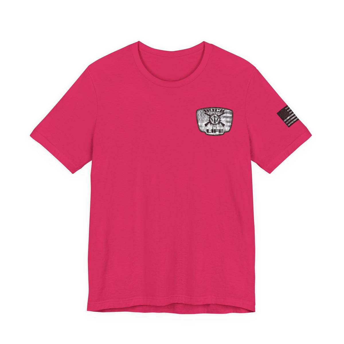 White American Flag Duck Hunting Badge T-Shirt – Mossy Camo Print, Crossed Guns & Duck Skull Graphic