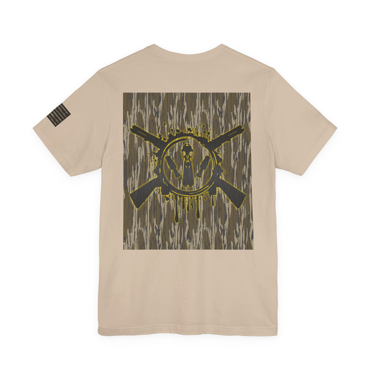 Duck Hunting Badge T-Shirt – Mossy Camo Print, Crossed Guns & Duck Skull Graphic