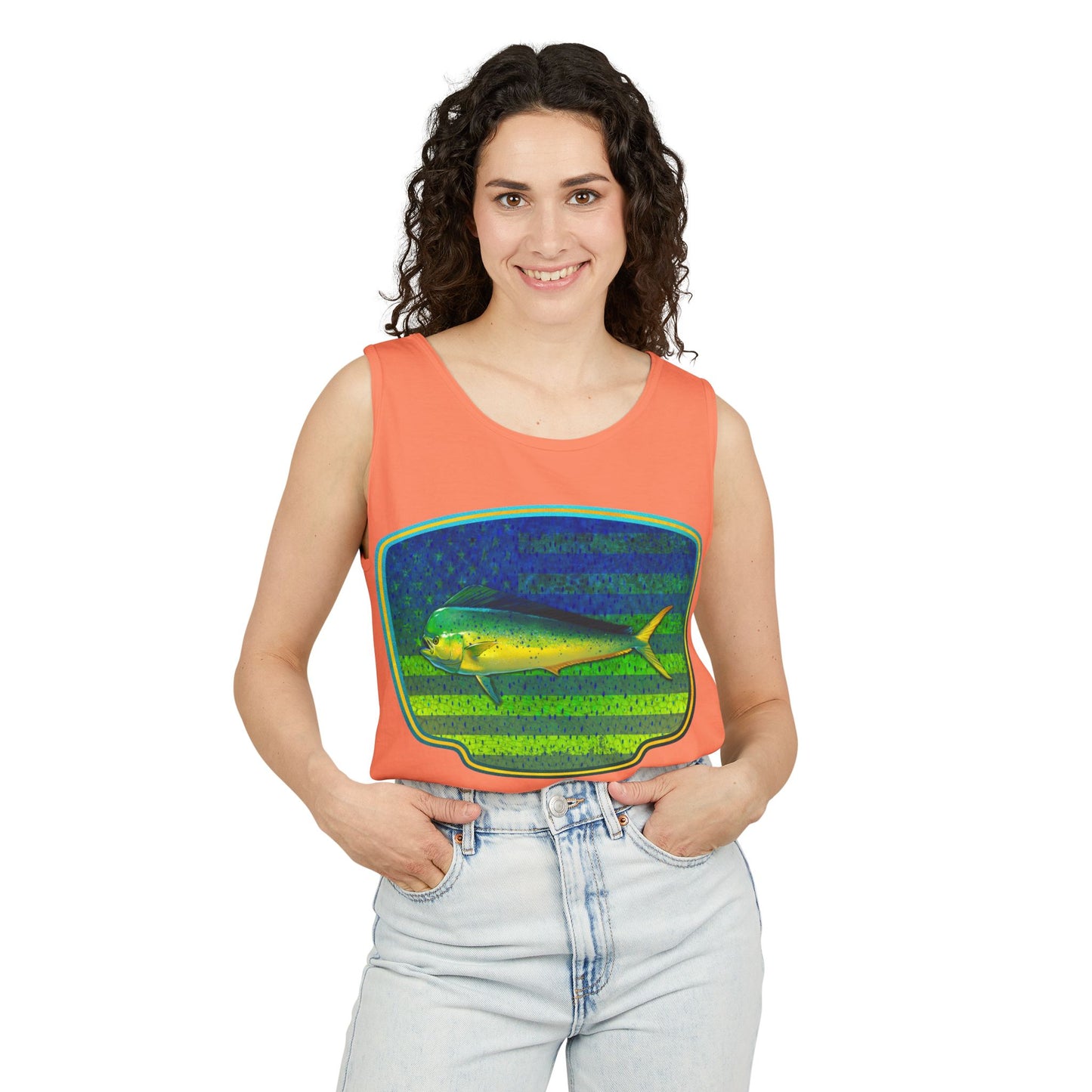 American Mahi Mahi Graphic Tank Top, Summer Apparel, Outdoors Shirt, Fishing Gear, Beachwear, Gifts for Anglers