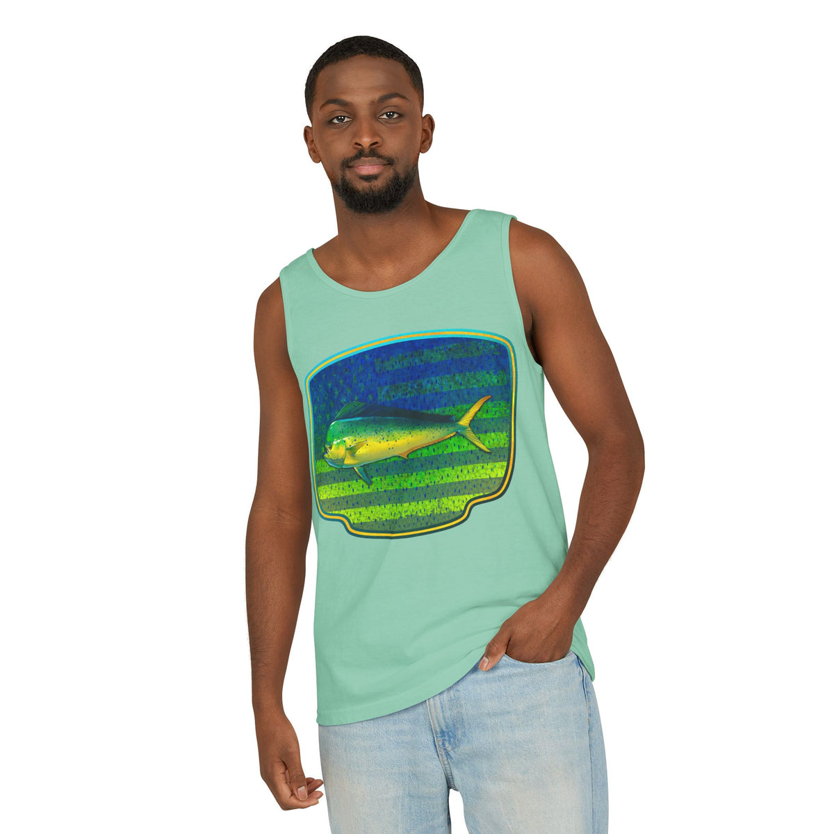 American Mahi Mahi Graphic Tank Top, Summer Apparel, Outdoors Shirt, Fishing Gear, Beachwear, Gifts for Anglers