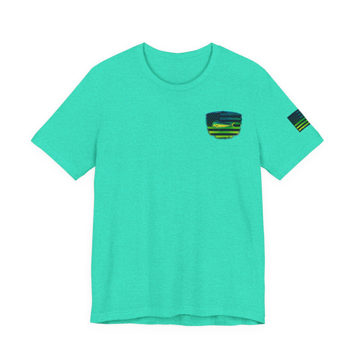 Patriotic Mahi Mahi Flag Tee – Grunge Fishing Badge Shirt for Outdoor Lovers