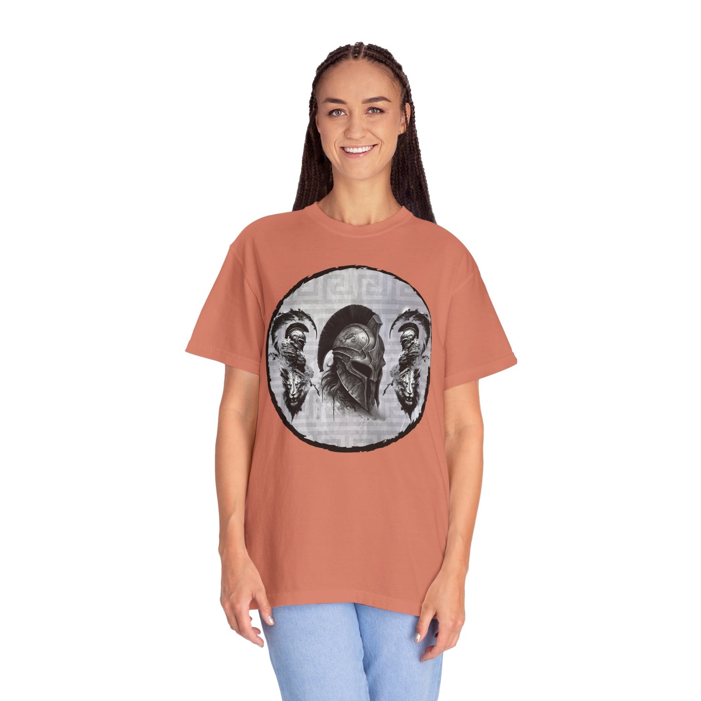 Spartan Warrior T-Shirt – Greek Helmet Circle Design Front & Spear Back | Warrior Graphic Tee
