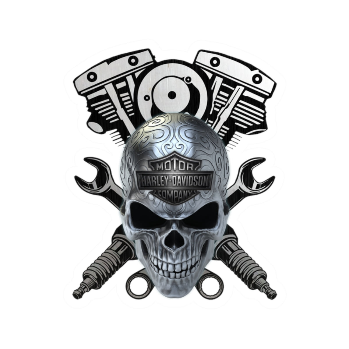 Chrome Skull HD Mechanic Sticker | Wrenches & Engine Harley Decal for Garage, Helmet & Toolboxes, ArtKiss-Cut Stickers