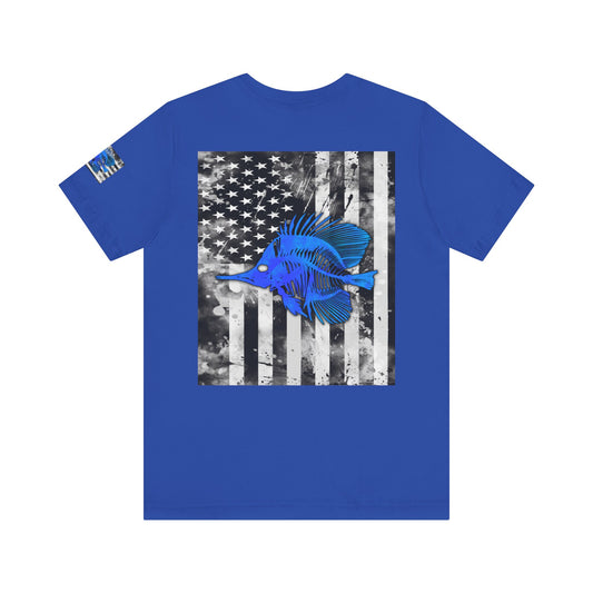 Blue Fish Skeleton Grunge American Flag Tee, Patriotic USA Shirt, Vintage American Flag