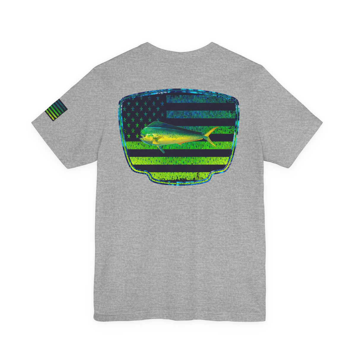 Patriotic Mahi Mahi Flag Tee – Grunge Fishing Badge Shirt for Outdoor Lovers