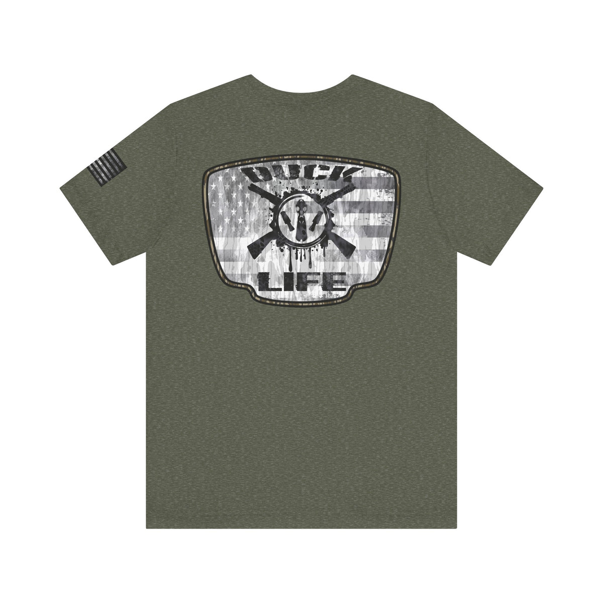 White American Flag Duck Hunting Badge T-Shirt – Mossy Camo Print, Crossed Guns & Duck Skull Graphic