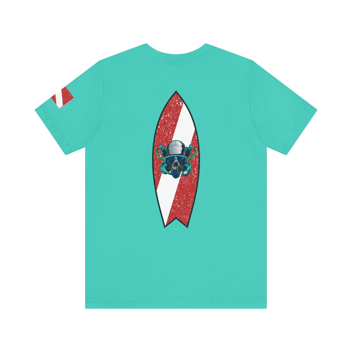 Scuba Diver Skull Red Dive Flag Design – Vintage Distressed Diving Flag Graphic with Oxygen Mask & Regulator, Retro Surfboard Decal, Nautical Tattoo Art
