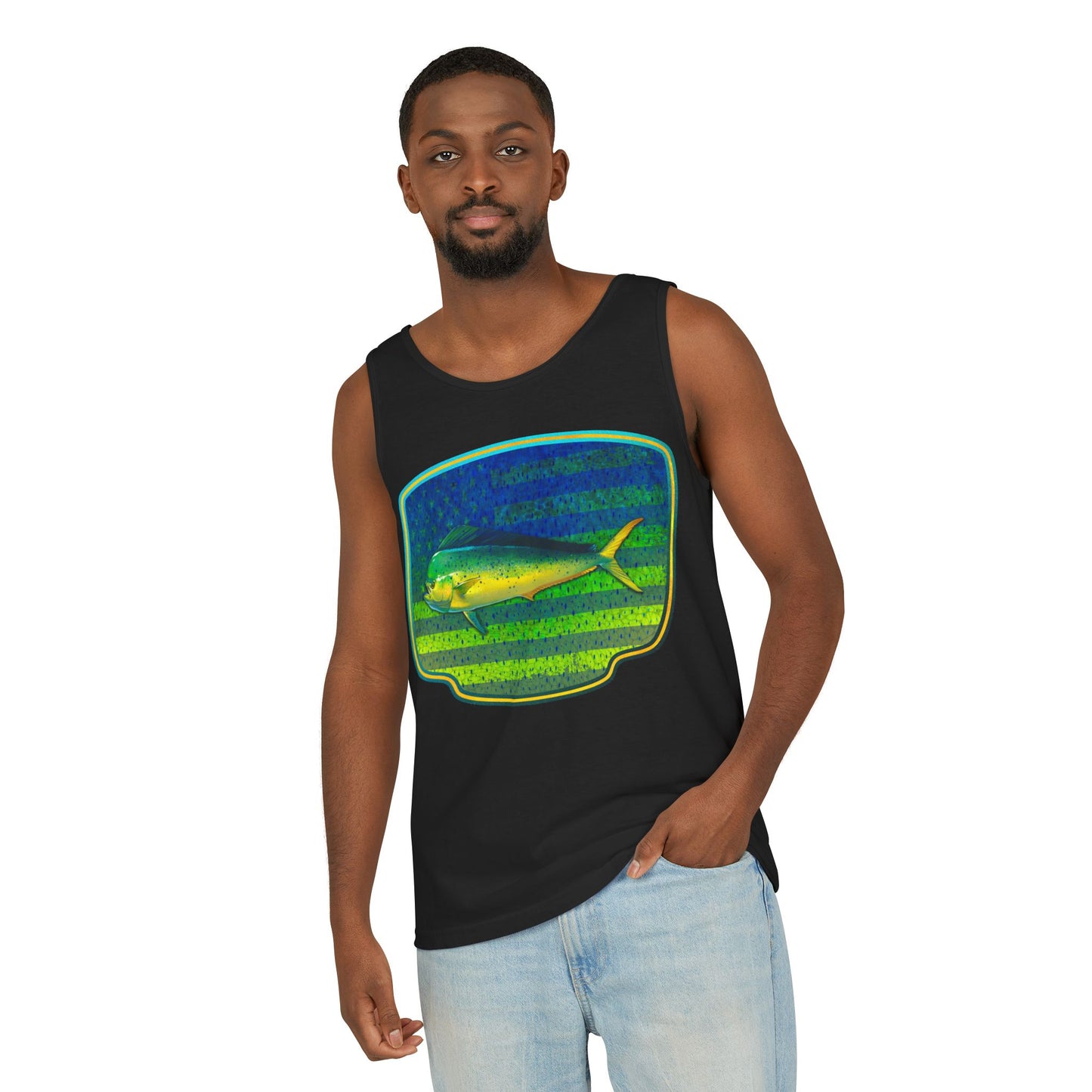 American Mahi Mahi Graphic Tank Top, Summer Apparel, Outdoors Shirt, Fishing Gear, Beachwear, Gifts for Anglers