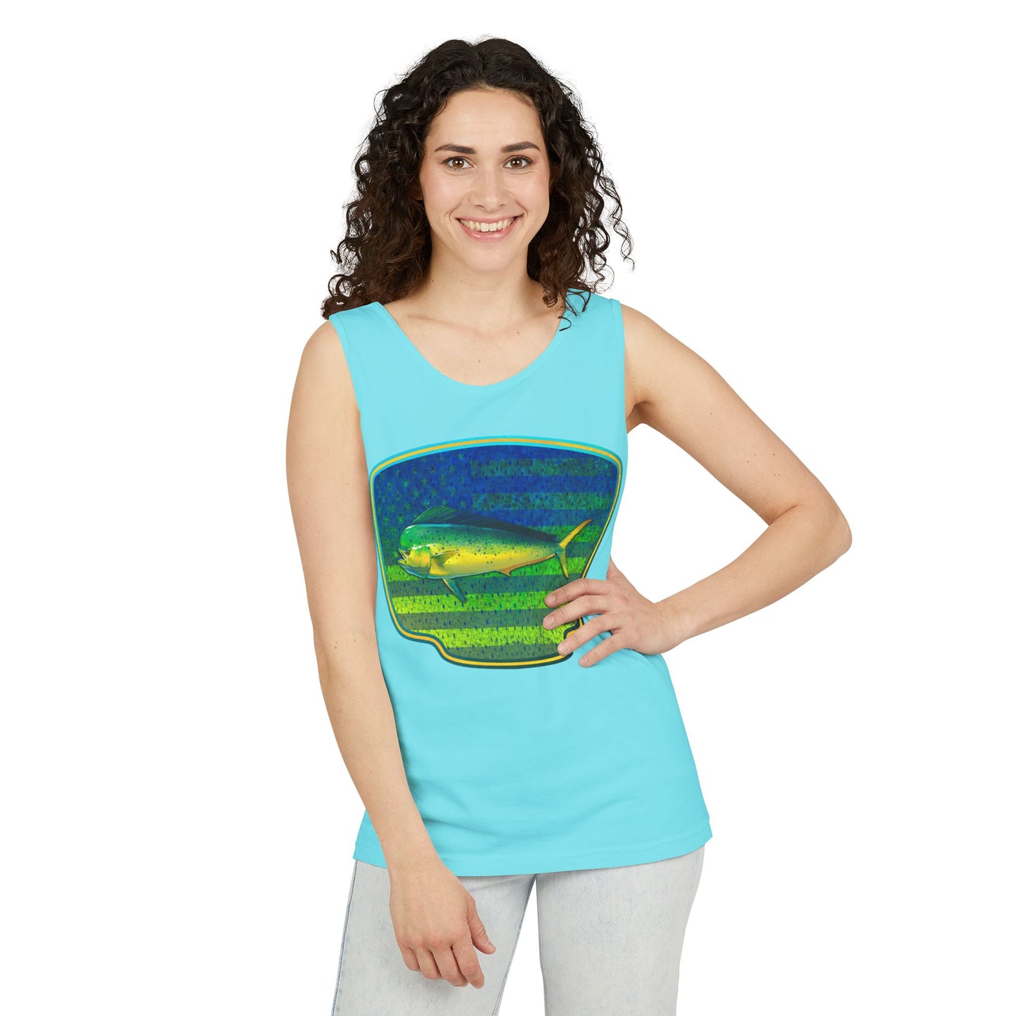 American Mahi Mahi Graphic Tank Top, Summer Apparel, Outdoors Shirt, Fishing Gear, Beachwear, Gifts for Anglers