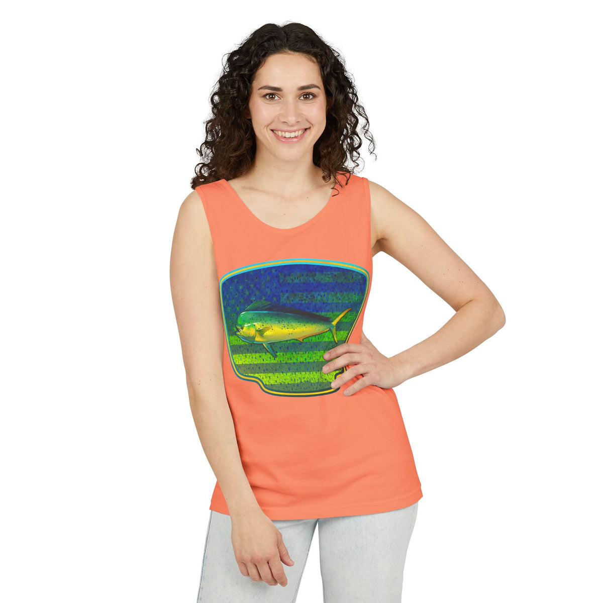 American Mahi Mahi Graphic Tank Top, Summer Apparel, Outdoors Shirt, Fishing Gear, Beachwear, Gifts for Anglers