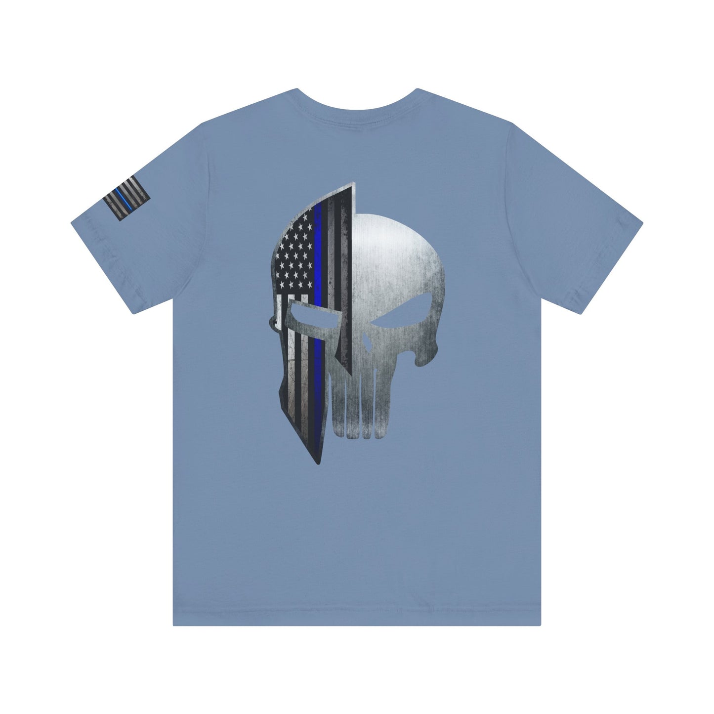 Grunge Metal Spartan Thin Blue Line American Flag T-Shirt – Honor & Valor Police Tribute Tee