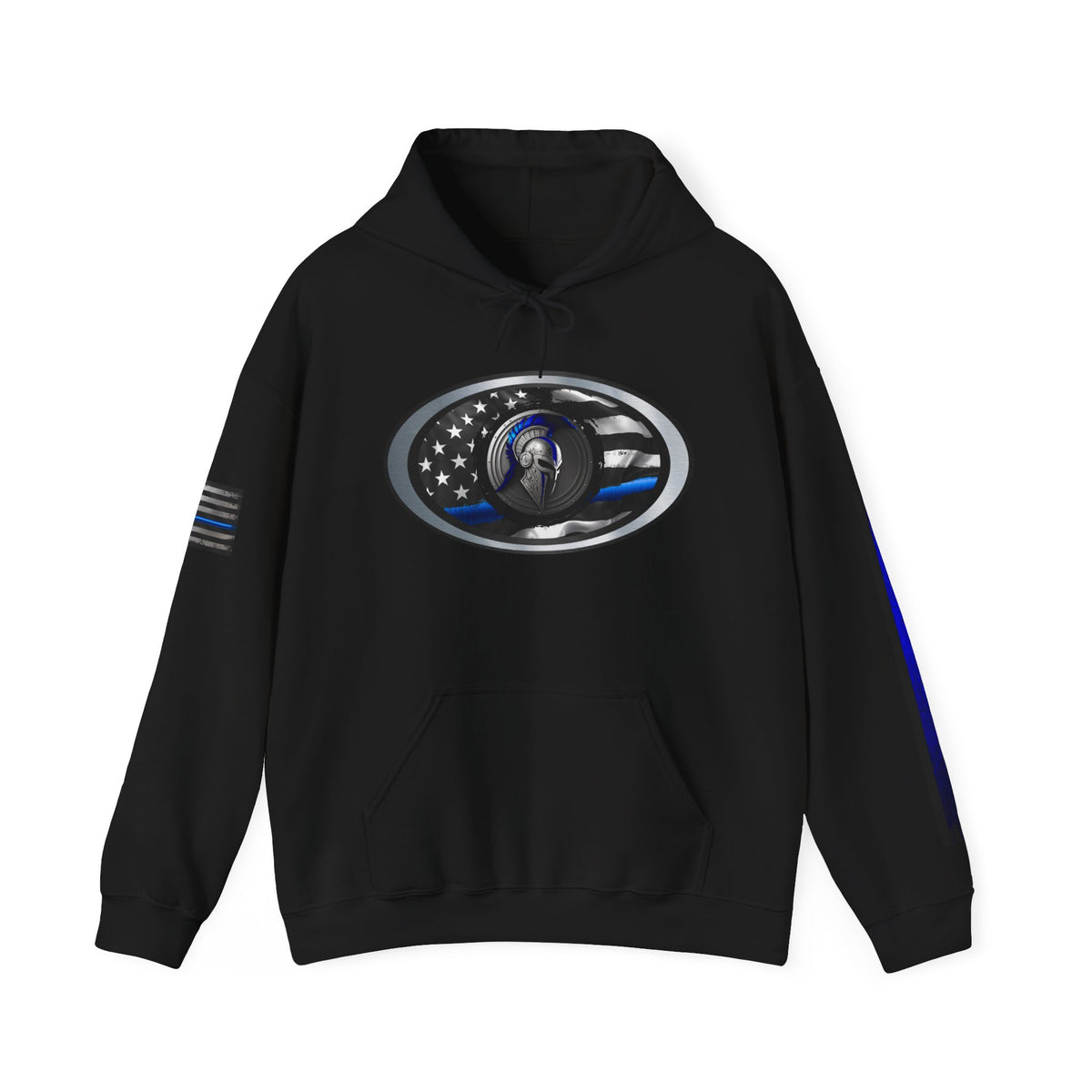 Spartan Thin Blue Line Flag Hoodie – Warrior Helmet Patriotic Sweatshirt for Police Supporters